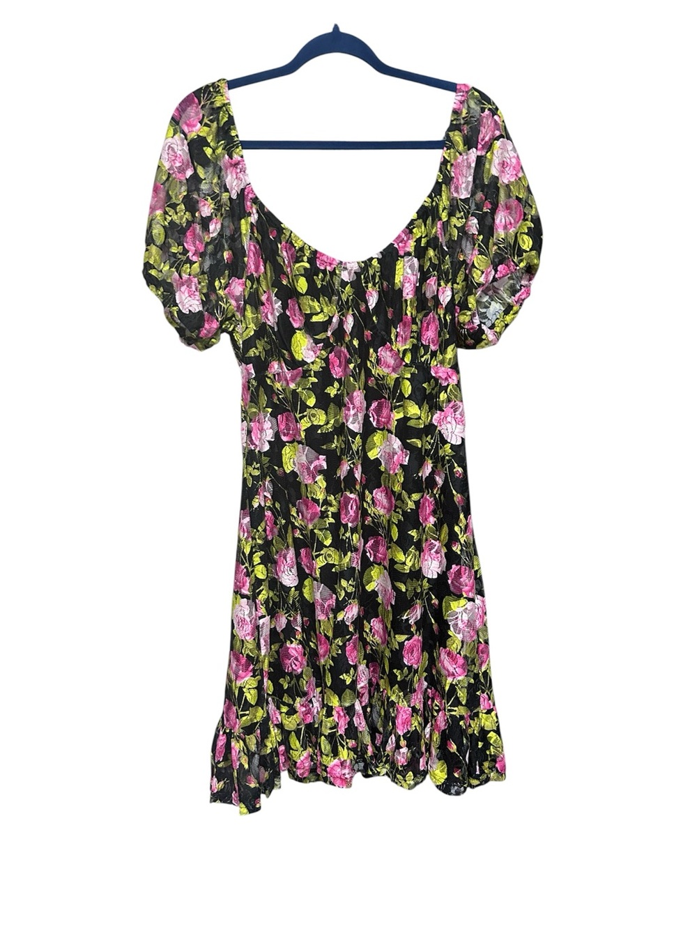 Betsey Johnson Floral Mesh Mini Dress | Puff Sleeve Romantic Dress Roses | XL